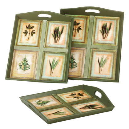 Green Leaf Motif 3 Pc Tray Set