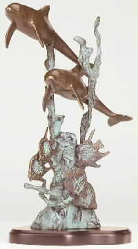 Brass Dolphins On Wood Base